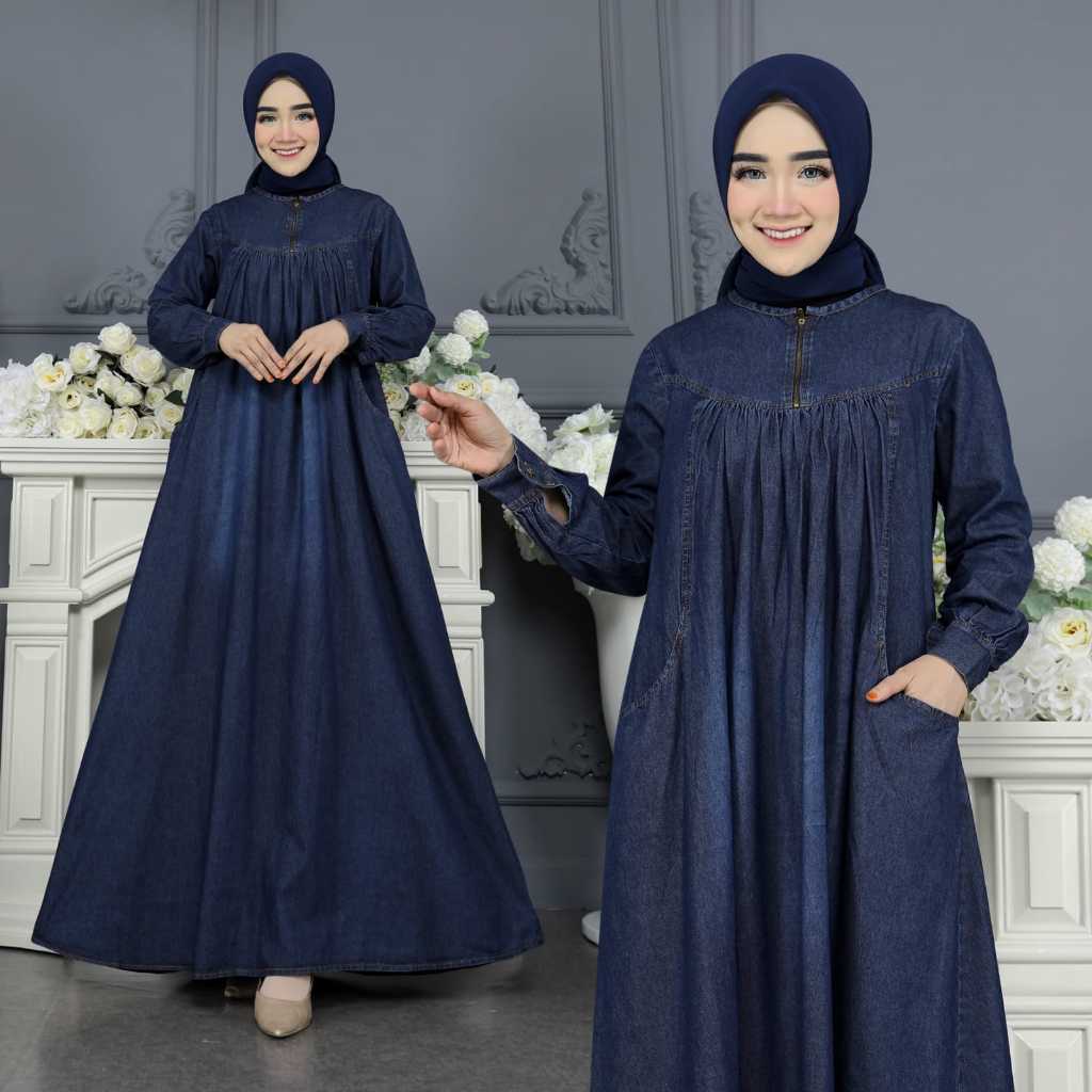 bisa cod/gamis jeans kekinian /gamis jeans terlaris 2026/gamis jeans jumbo/gamis import