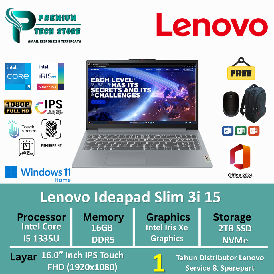 Laptop Touchscreen Lenovo Ideapad Slim 3i 15 Intel i5 1335U 16GB 2TB SSD FHD IPS Touch Windows 11