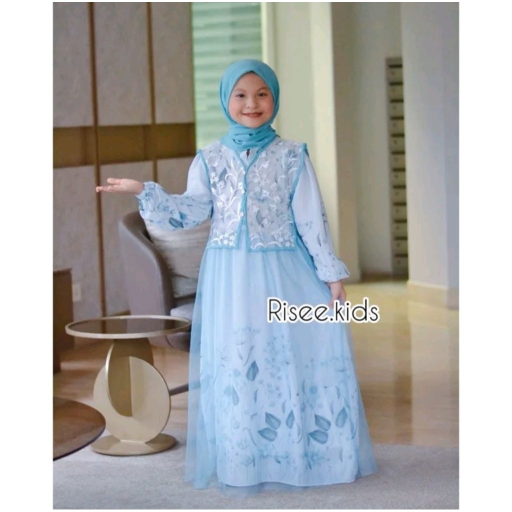 preloved like new gamis dress anak perempuan bahan ceruty babydoll Tile Korean Style Hanbok Biru Mud