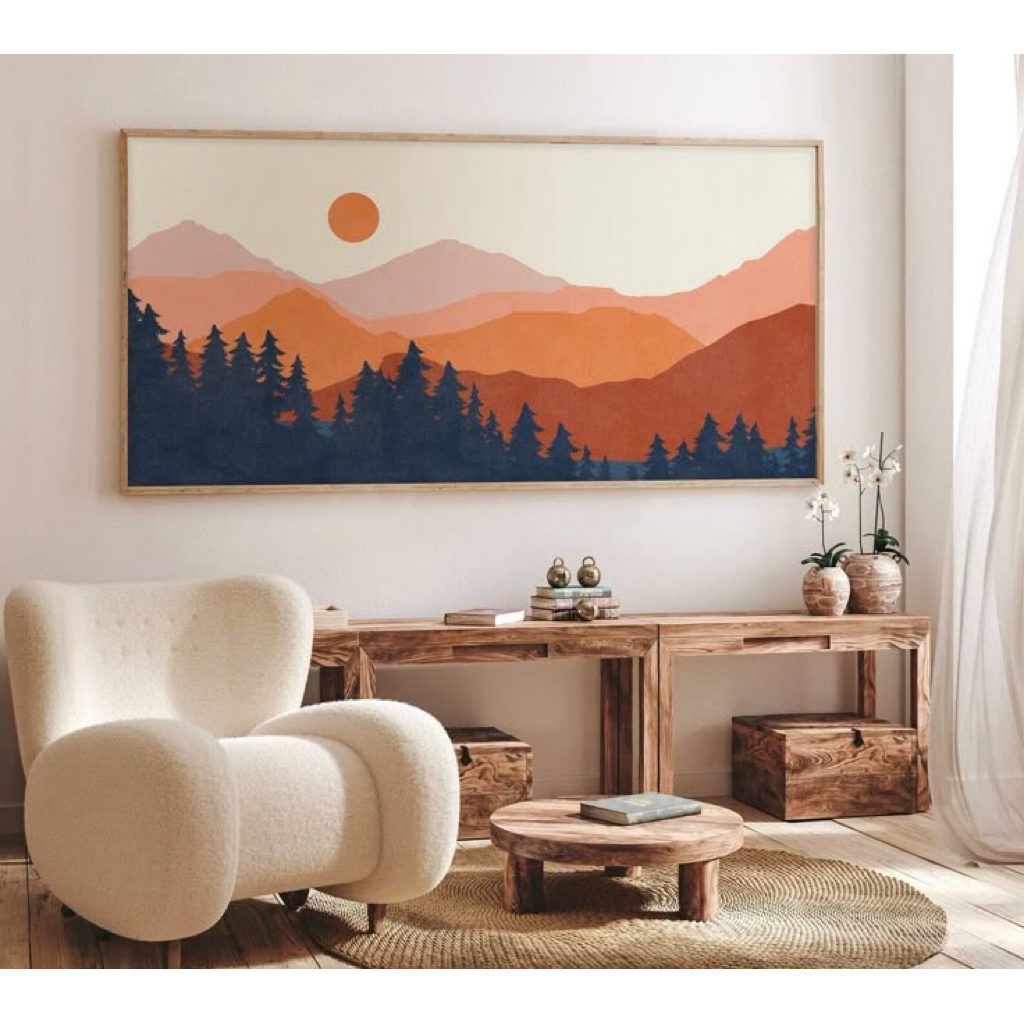 Wall Decor Vintage Sunset Mountain | Lukisan Estetik Kamar Tidur/Ruang Tamu | Lukisan Kanvas Premium