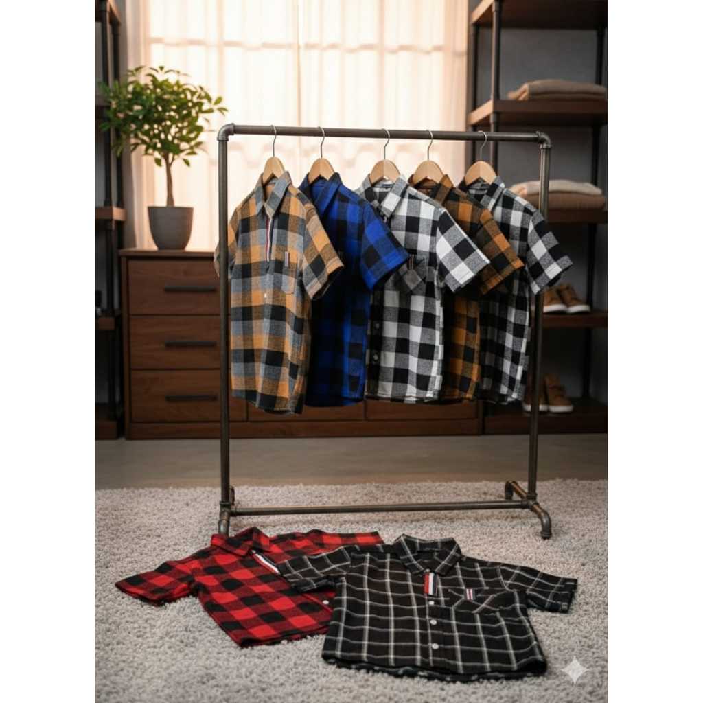 kemeja anak cowok banyak motif size 5 tahun sampai 12 tahun//flanel lengan pendek  5 tahun sampai 12