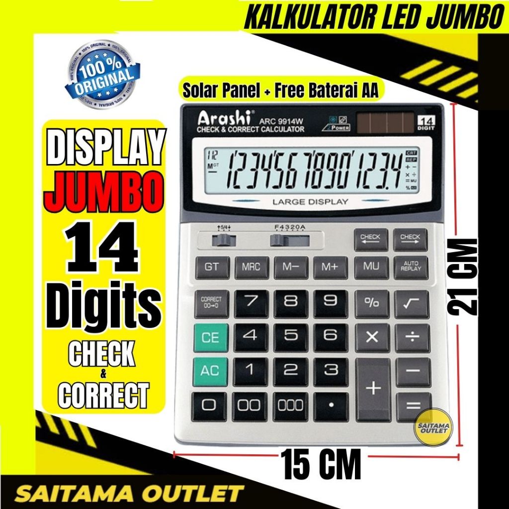 Kalkulator Meja Jumbo Original - Kalkulator Dagang Arashi ARC 9914W 14 Digit Besar - Check & Correct