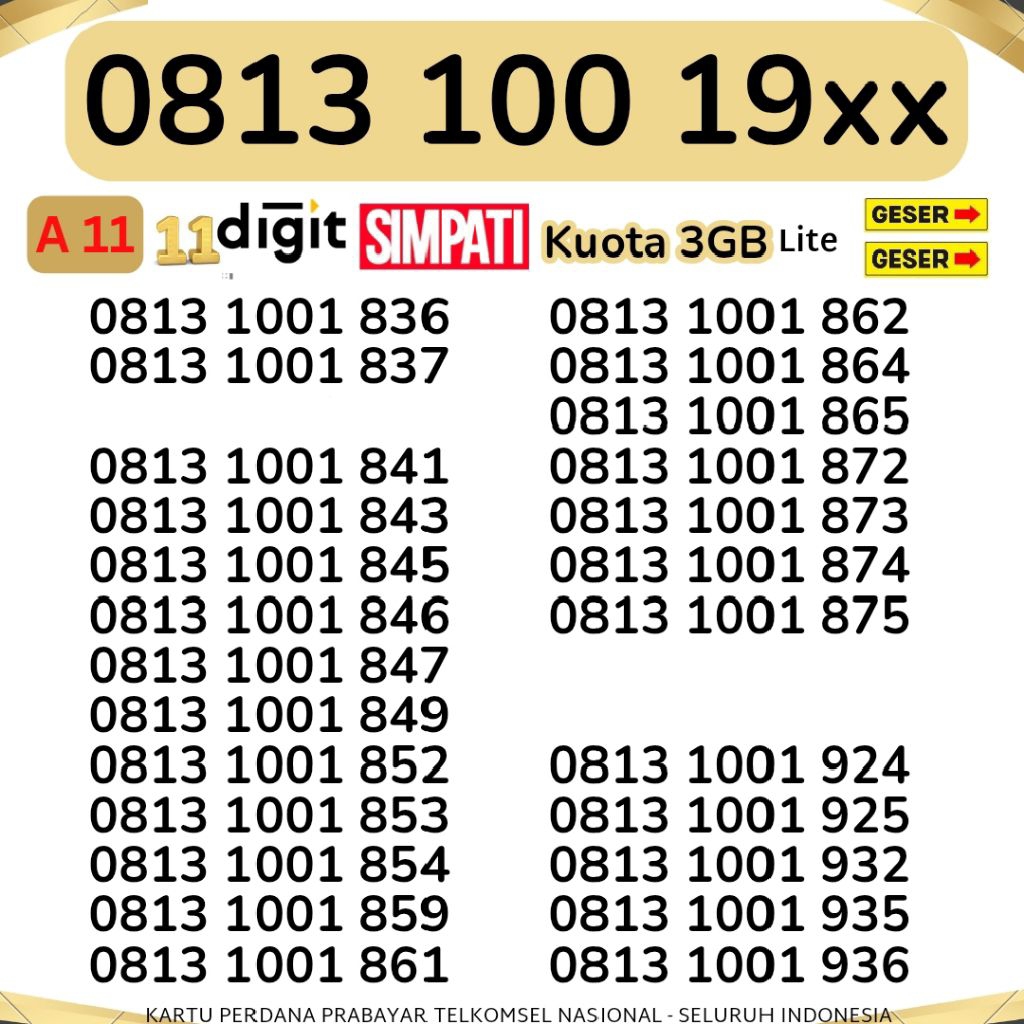 11 DIGIT  TELKOMSEL BONUS 3 GB NOMOR TRIPLE 1001 KUOTA INTERNET NOMOR CANTIK TELKOMSEL SIMPATI KARTU