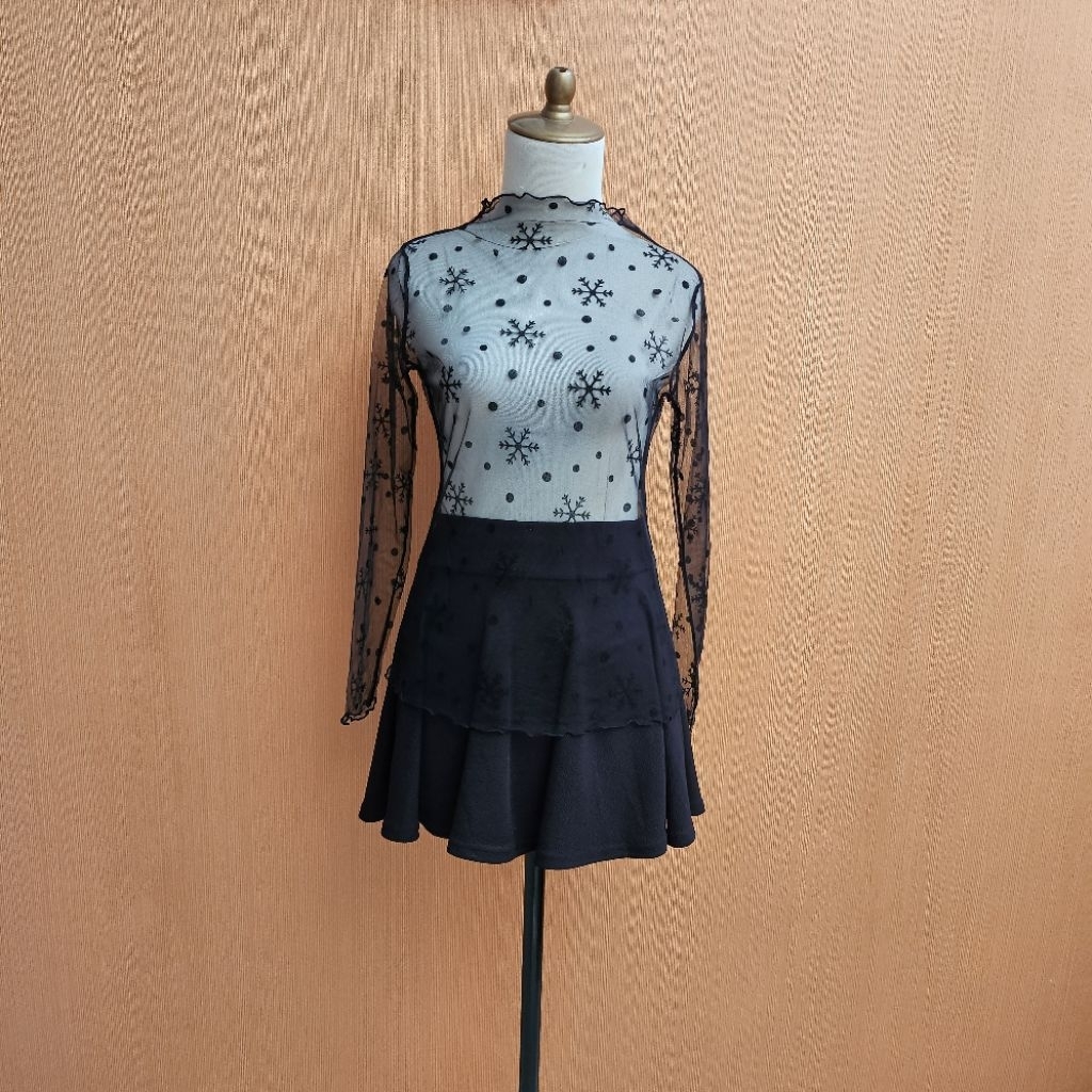 atasan wanita tile hitam motif snowflakes S cewek M turtle neck MEWAH blouse lengan panjang santai c