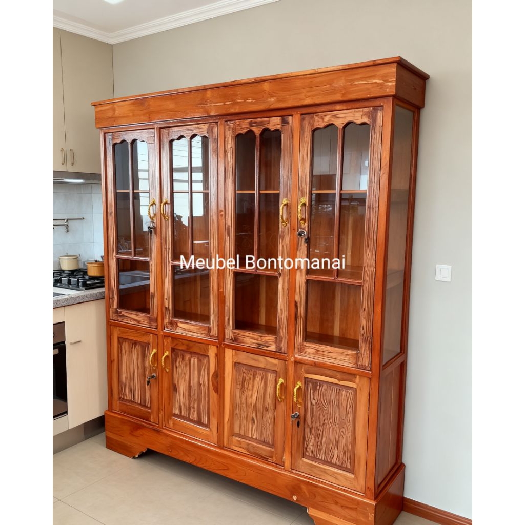 Lemari Kaca | Lemari rak piring 4 pintu bahan full kayu jati merah/perhutani