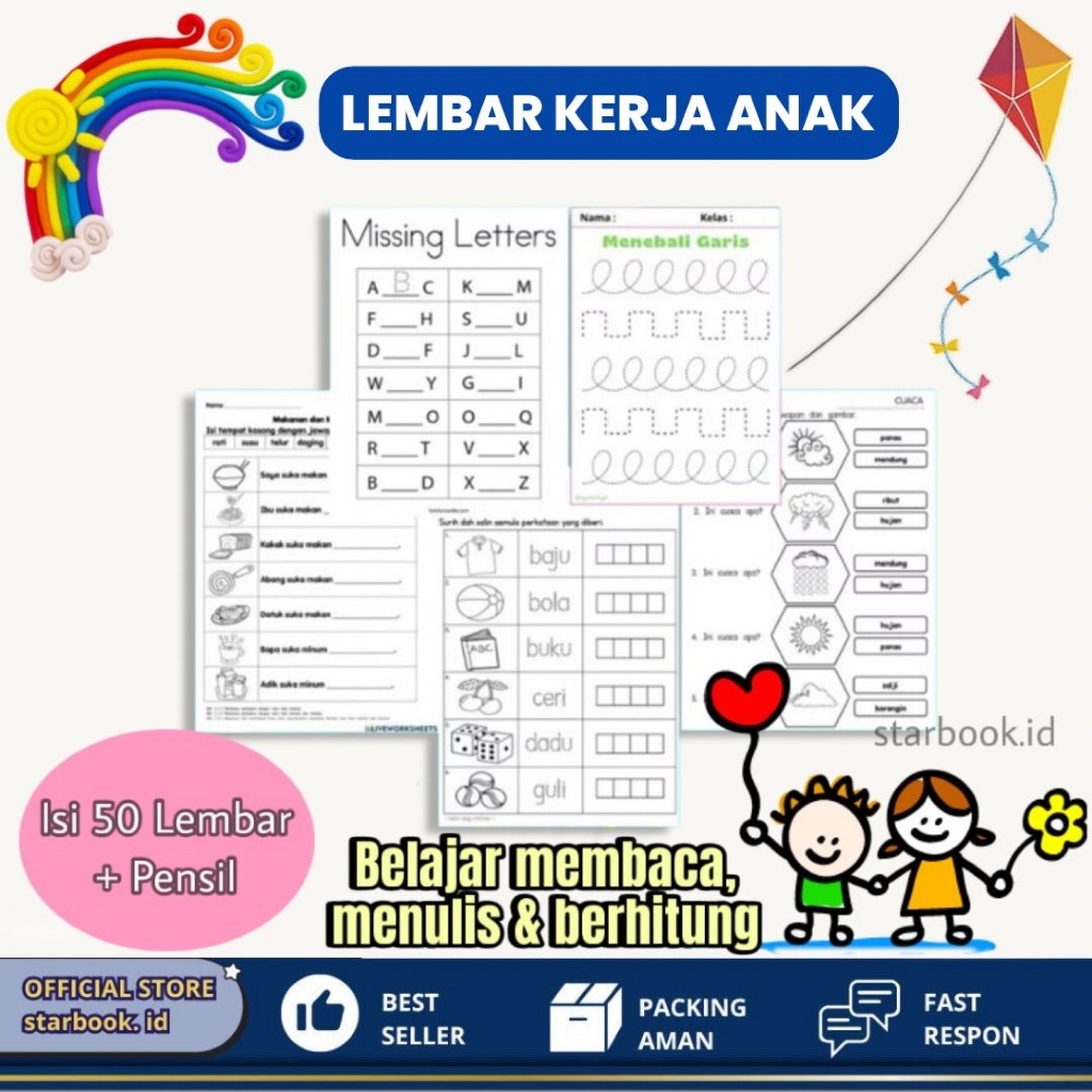 50 Lembar Worksheet Anak TK / SD/Bonus pensil 2B/ Aktivitas Menulis , Membaca & Menghitung + Pensil