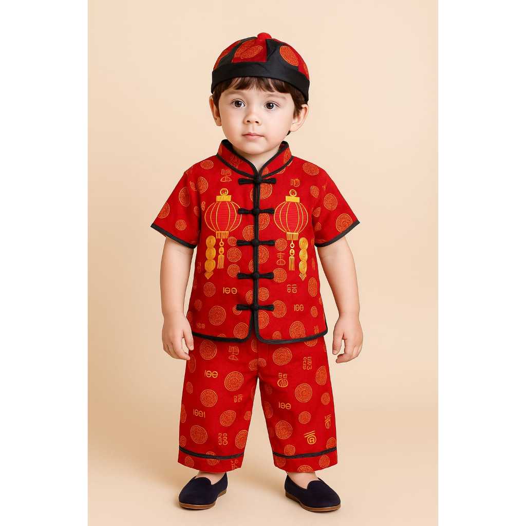 Pakaian Imlek Anak Laki-laki Lengan Pendek Usia 6 Bulan - 7 Tahun Bahan Katun Set Gong Xi Fa Cai