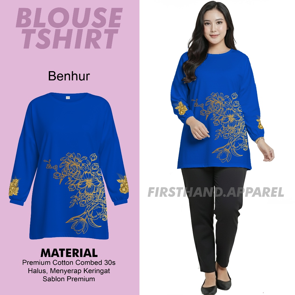 LGS Kaos Wanita Panjang Biru Katun Atasan Blouse Cewek Tshirt Combed Kaos Fashion Baju Wanita Kekini