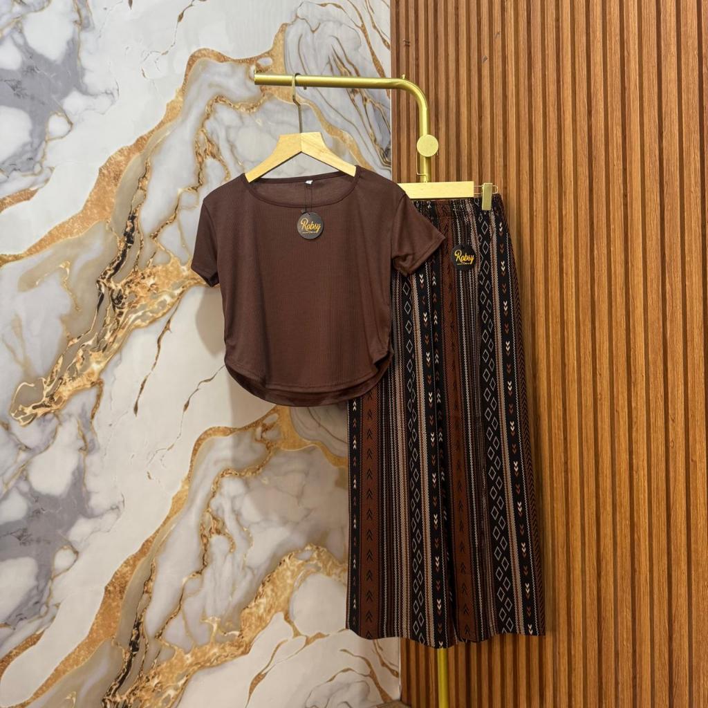 SIZE M-L-XL-Setelan Celana Kulot Rayon Atasan Square neck Lengan Pendek / Setcel Lengan Pendek