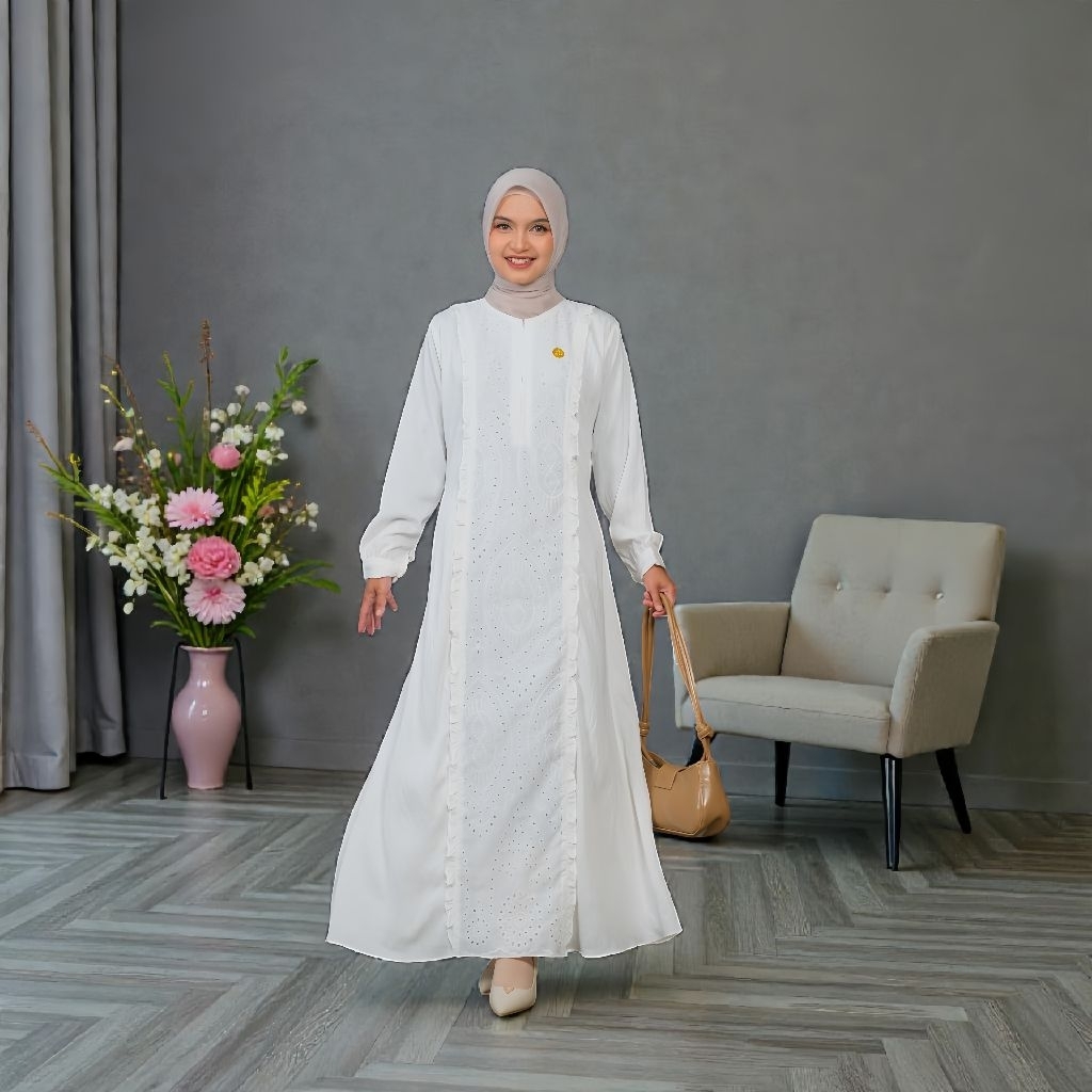 Amara Dress Gamis Putih Tulang Polo Linen Kombinasi Katbol (Katun Bolong) Premium Grade A Mewah dan 