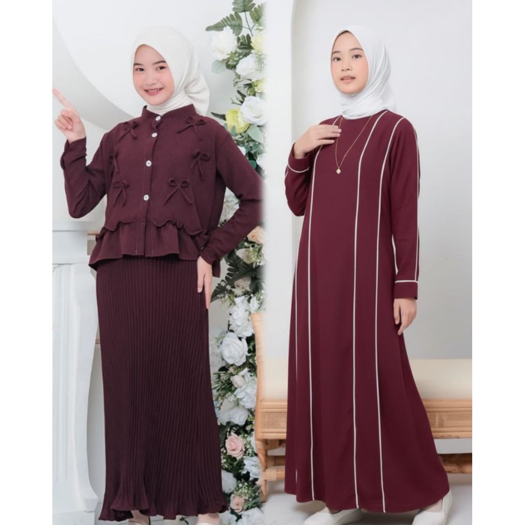 Dress Gamis Anak Remaja Terbaru Usia 6 - 16 Thn Bahan Crinkle Model Abaya Strip Putih & Plisket 2in1
