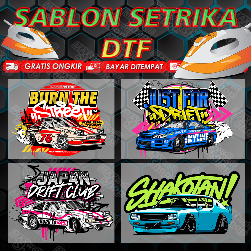 DTF Sablon Setrika Racing Drif mobil Sablon DTF Siap Press/Setrika Sendiri