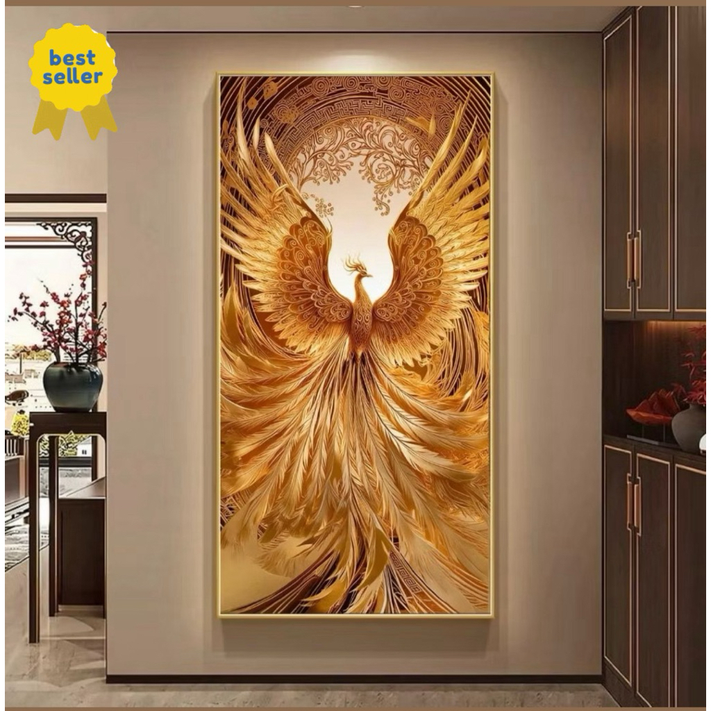 5D Lukisan Porcelain  Painting Daimond - Motif Burung Phoenix - Hiasan Dinding Include Bingkai