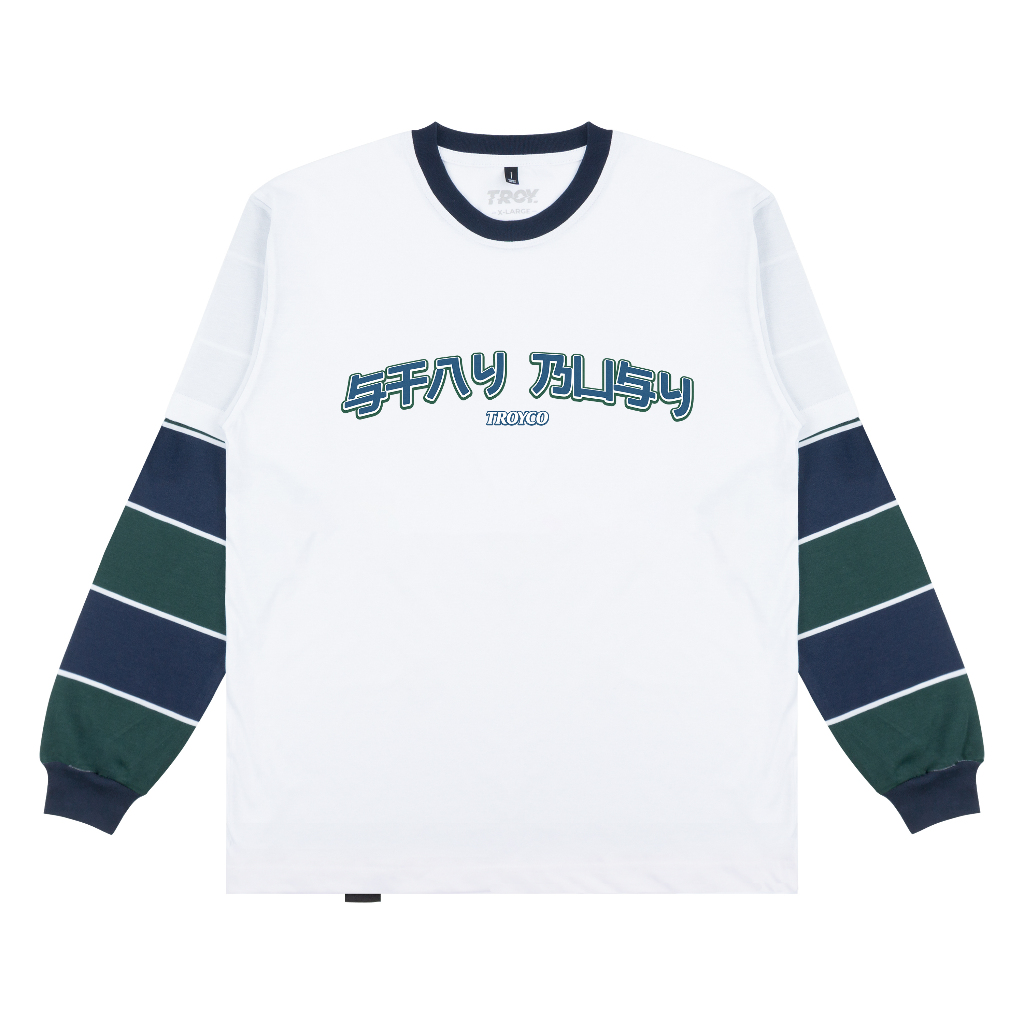 Troy Company Double Sleeve Longsleeve Tshirt White Navy Neo Japan - Kaos Lengan Panjang Kaos Putih DSD 3494