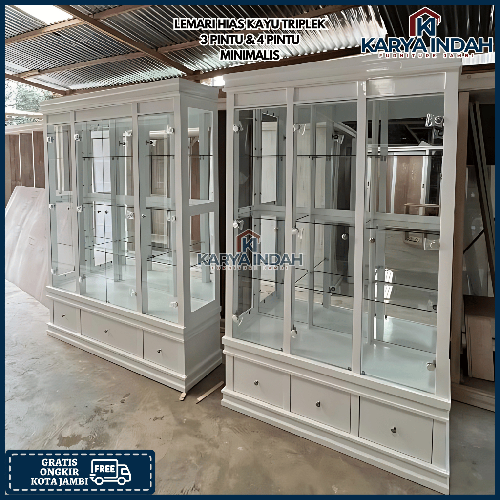 Lemari Hias KRISTAL 3 / 4 Pintu MINIMALIS KAYU TRIPLEK BUFET KACA LACI LAMPU Minimalis