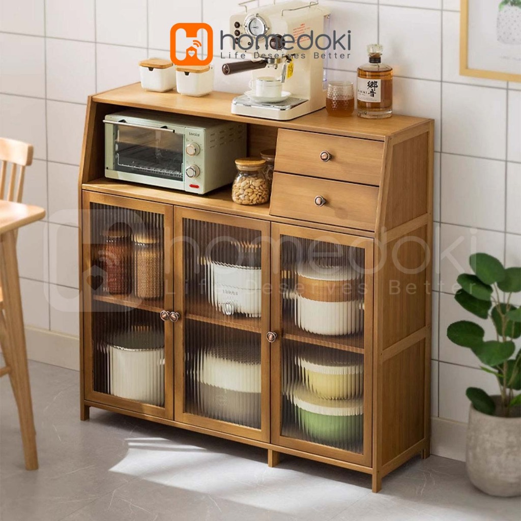 Homedoki Lemari Kabinet Kayu Minimalis/Lemari Dapur Bufet/Rak Piring Tertutup/Rak Dapur