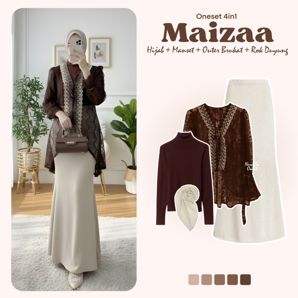 Maizaa One Set Wanita 4in1 Brukat Elegan | Rok Duyung Scuba + Outer Brukat + Inner Manset + Hijab Be