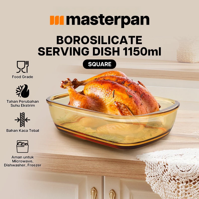 Master Pan Mangkok Saji Kaca Kotak Serbaguna Coklat Bening 1150 ml Borosilicate Glass Rectangle Serv