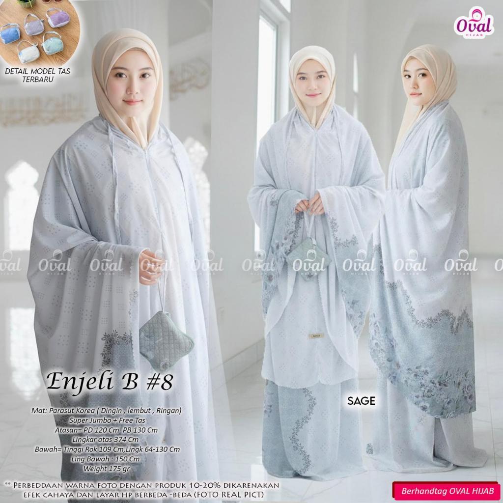 Mukena Traveling 2 in 1 Enjeli B #8 Original Oval Hijab Jumbo Dewasa Premium Parasut Korea Motif Bun