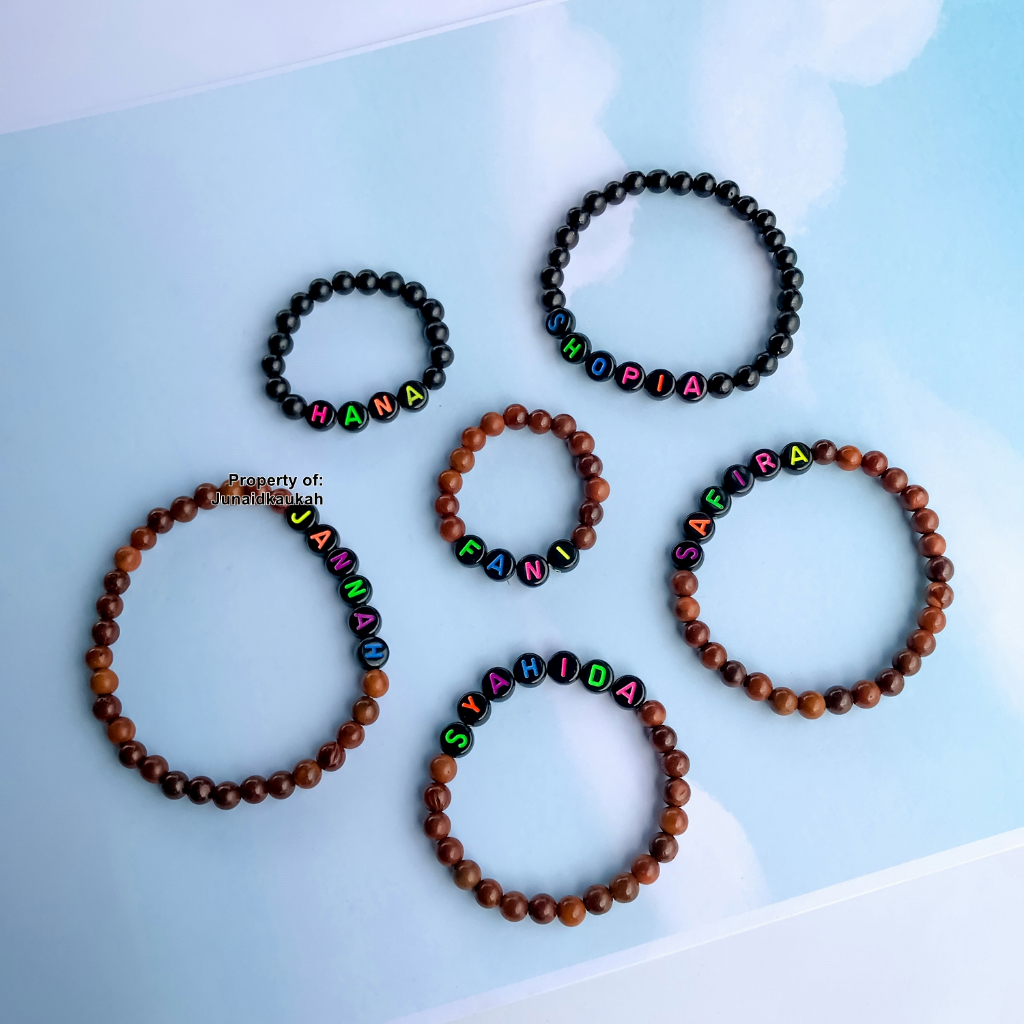 Gelang Nama Custom Manik Butiran Kayu Kaukah Kokka Asli Tali Karet Elastis Remaja Dewasa Pria Wanita