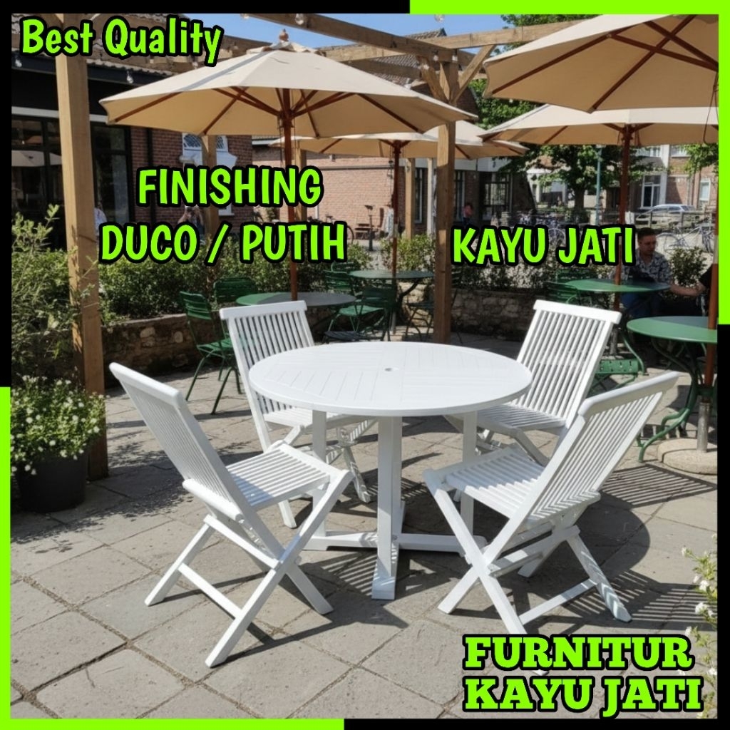 Set Meja Kursi Makan Cafe Minimalis Model Bulat Kursi Lipat Cat Duco Putih Kayu Jati Jepara