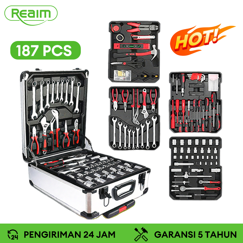REAIM Tool Kit 187 PCS Perkakas Bengkel Dan Rumah Koper Lengkap Perkakas Bengkel Lengkap Bahan Kuat