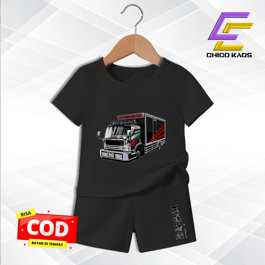 Setelan set baju kaos lengan pendek anak laki laki perempuan unisex murah katun Truck Japan