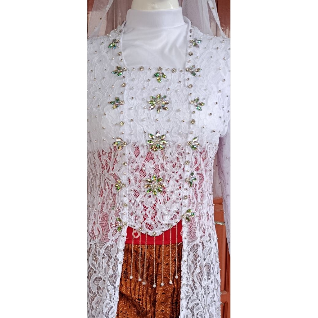 Kebaya Akad Putih Kutu Baru Mewah Bonus Rok+Kerudung+Angkin