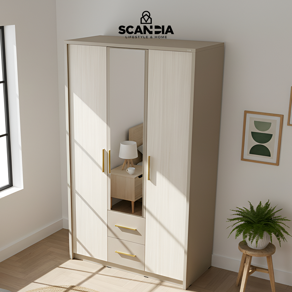 SCANDIA Poven Wardrobe 3 Doors 119,6x52x200 Taupe - Lemari Lemari Modern Lemari Besar Minimalis Tero