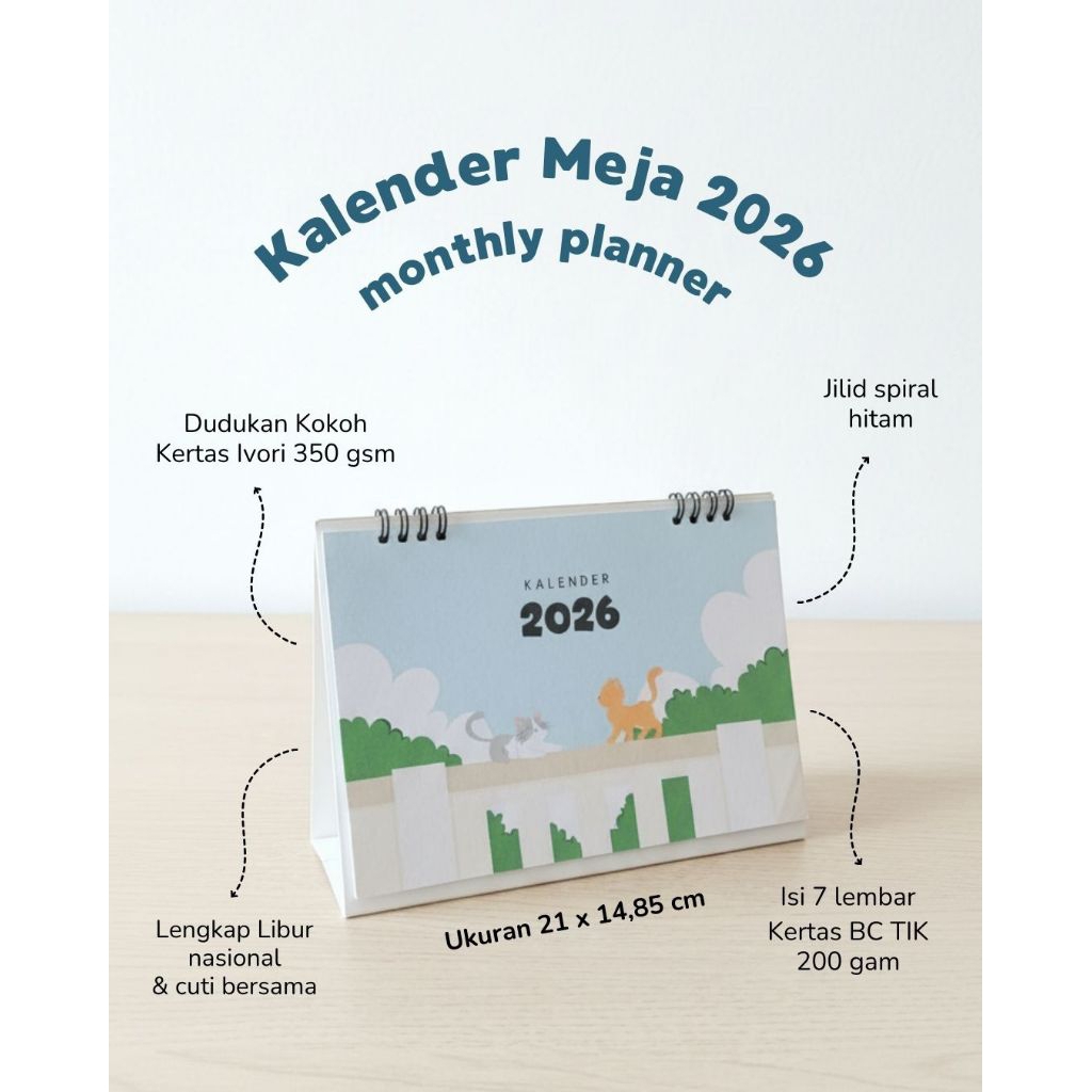 Kalender Meja Aesthetic 2026 | Kalender Duduk 2026 | Monthly planner, Kode : KUCING MONTHLY PLANNER