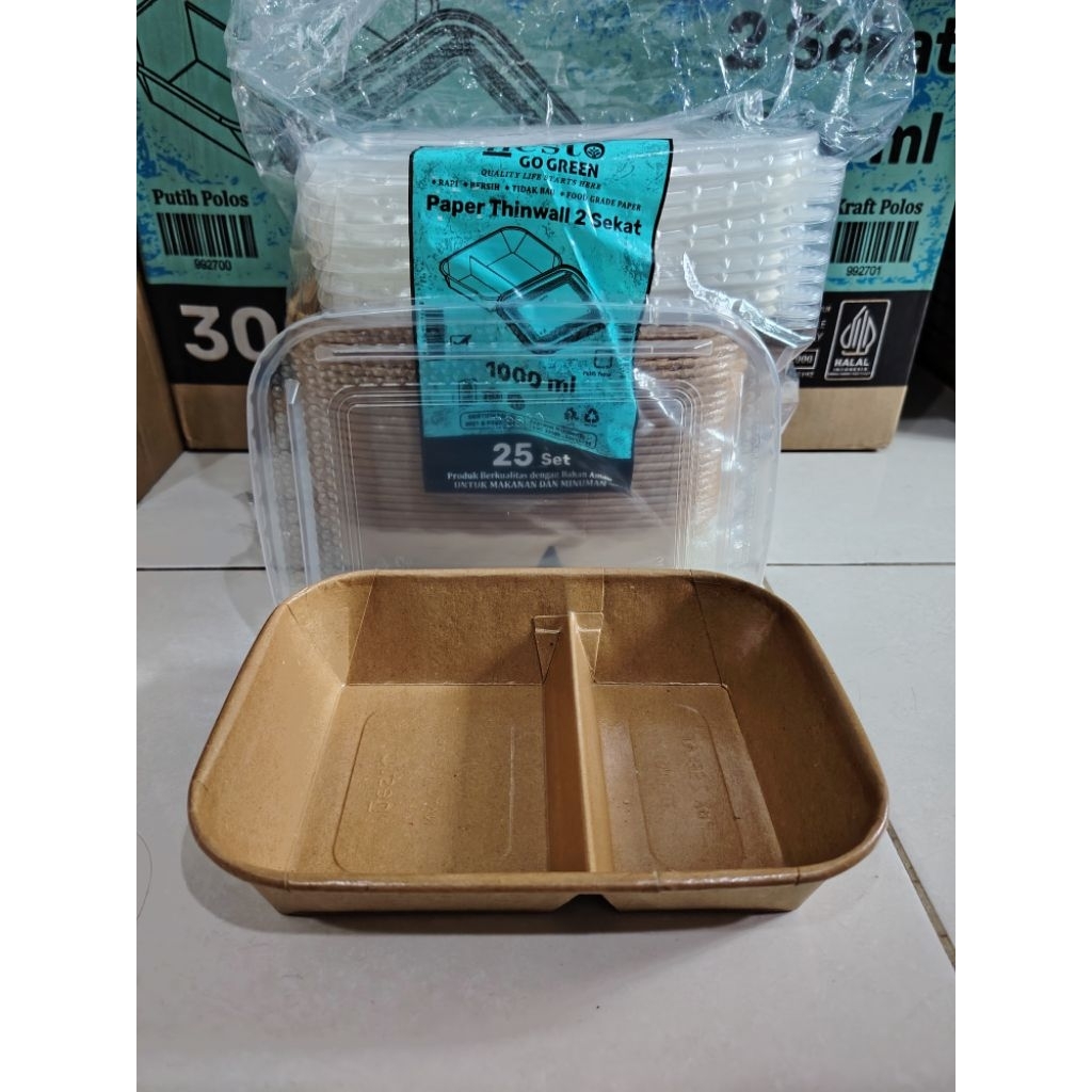 Paper Thinwall 2 Sekat 1000 ML Kraft + Tutup (Isi 25pcs) / Kotak Makan 2 Sekat 1000 ML