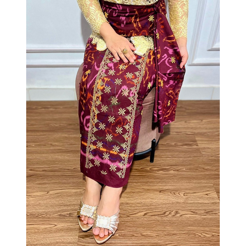 Kamen lembaran katun motif endek tumpal bordir tabur emas set selendang / bahan katun halus / BEST S