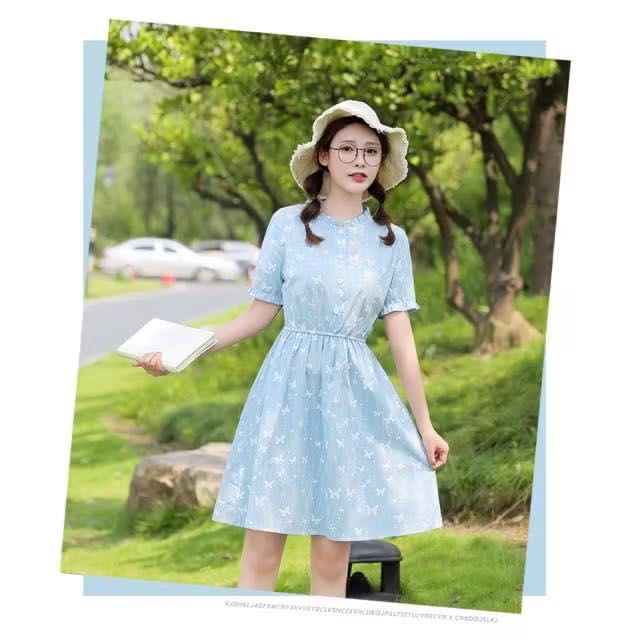 Dress wanita korea motif kupu kupu dress casual summer lengan pendek dress wanita pinggang karet