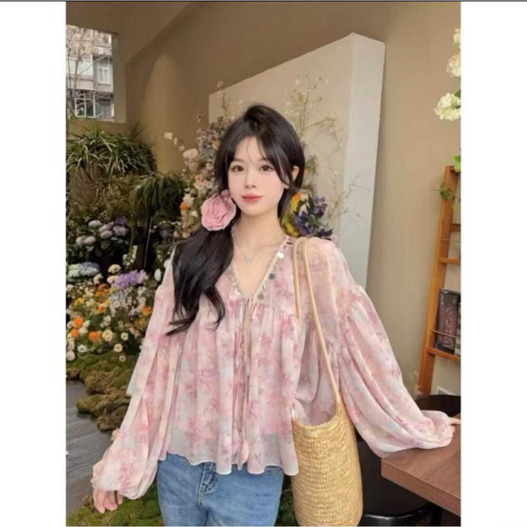 Blus leher V elegan untuk wanita, pakaian jalanan wanita, sweater kerah berpayet, kemeja longgar ber