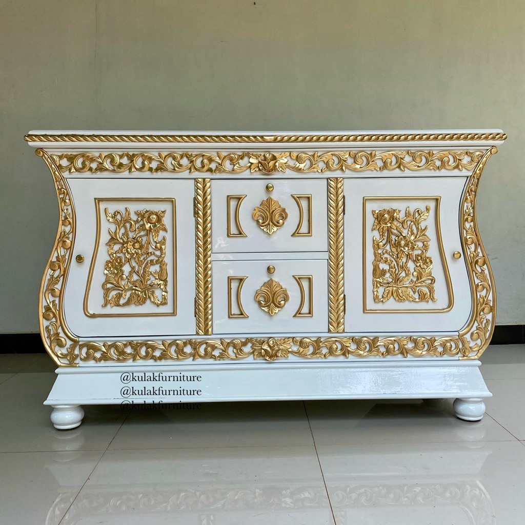 buffet tv duco putih kayu jati / bufet tv ukir jati / buffet tv mewah jati / lemari kabinet tv kayu 