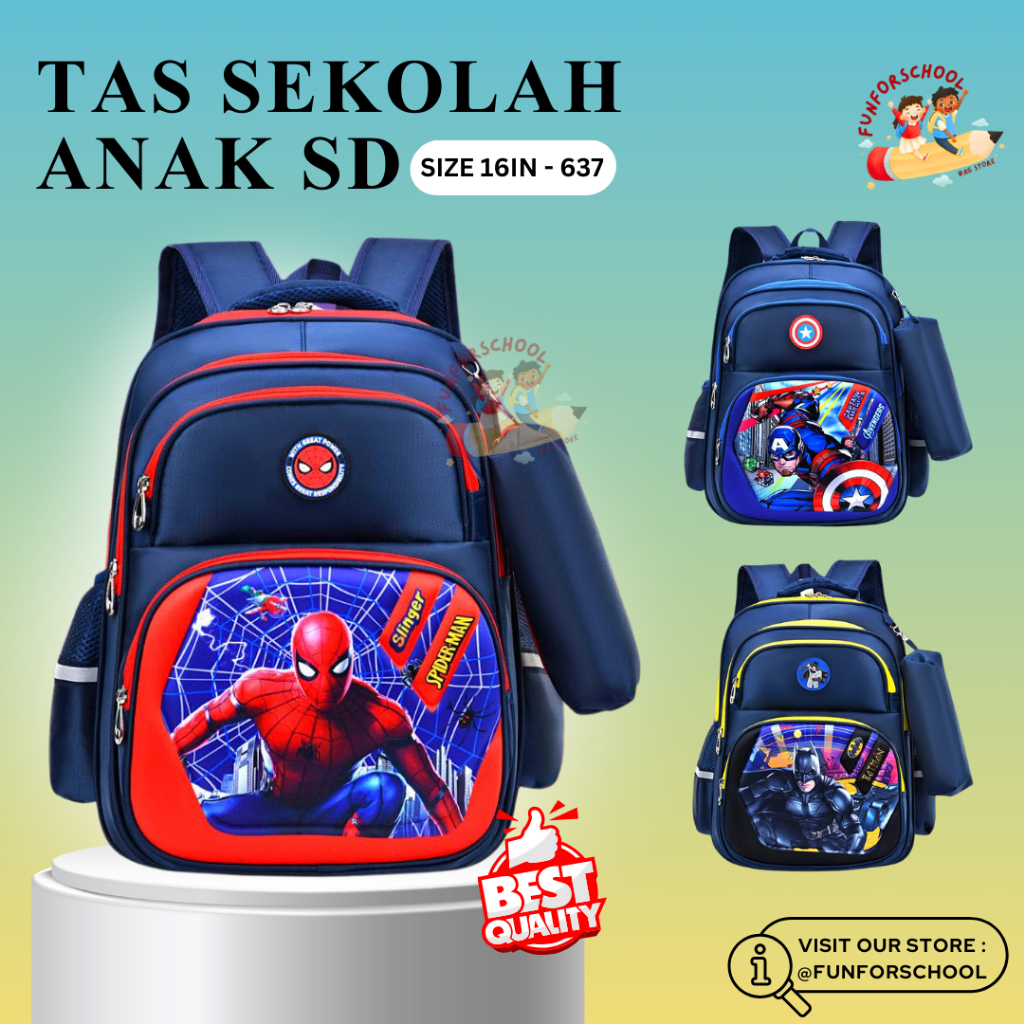 FFS Tas Ransel Sekolah Anak Laki-Laki SD Bahan Nilon Import Karakter Superhero Superman Kapten Batma