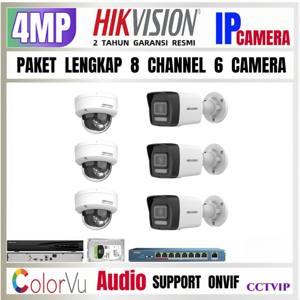PAKET CCTV HIKVISION IP CAMERA 4MP COLORVU AUDIO  8 CHANNEL  6 CAMERA IP  PoE