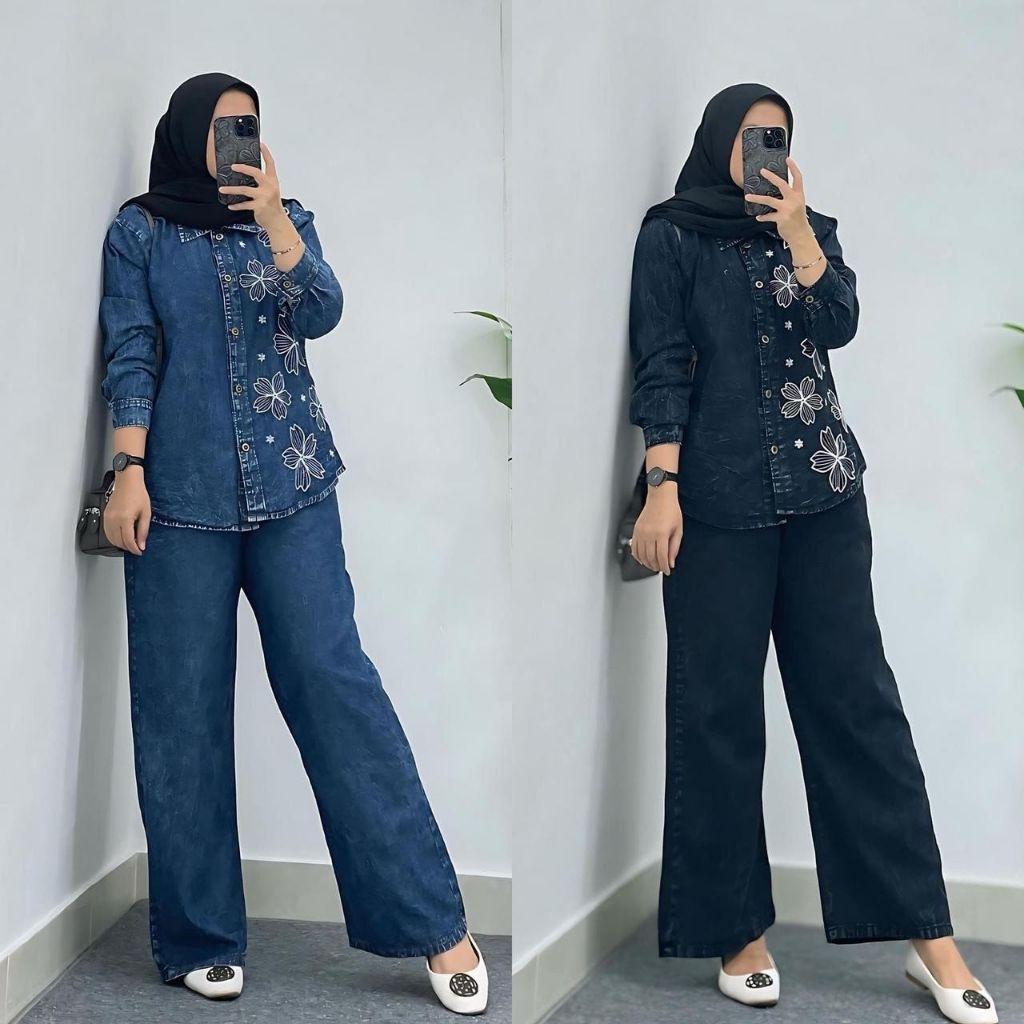 ONESET ELSEN JEANS KULOT WANITA,SETELAN CELANA WANITA,ATASAN JEANS BORDIR, CELANA KULOT JEANS, SETEL
