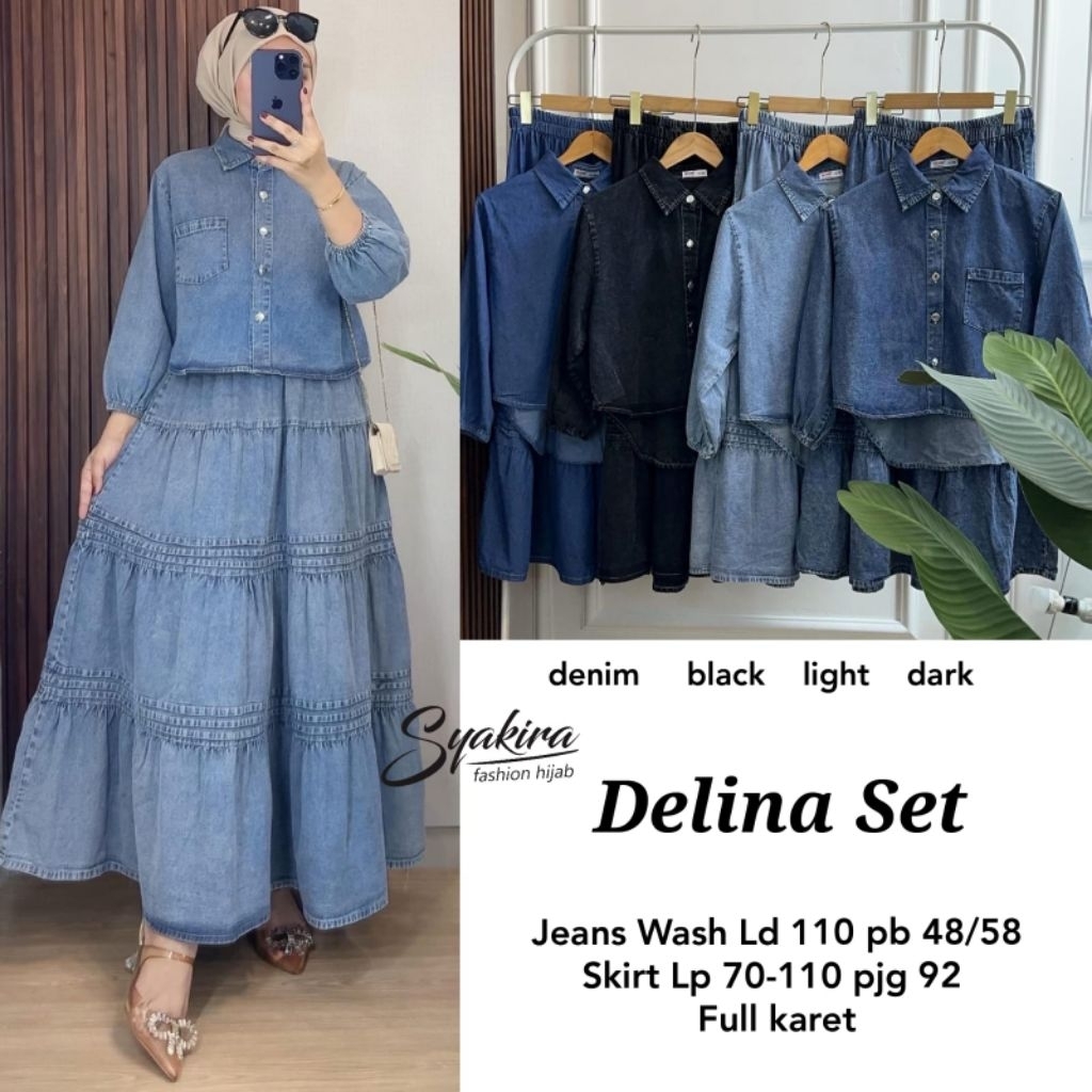 delina set rok jeans wash Premium by syakira | ld 110 Oneset setrok setelan rok