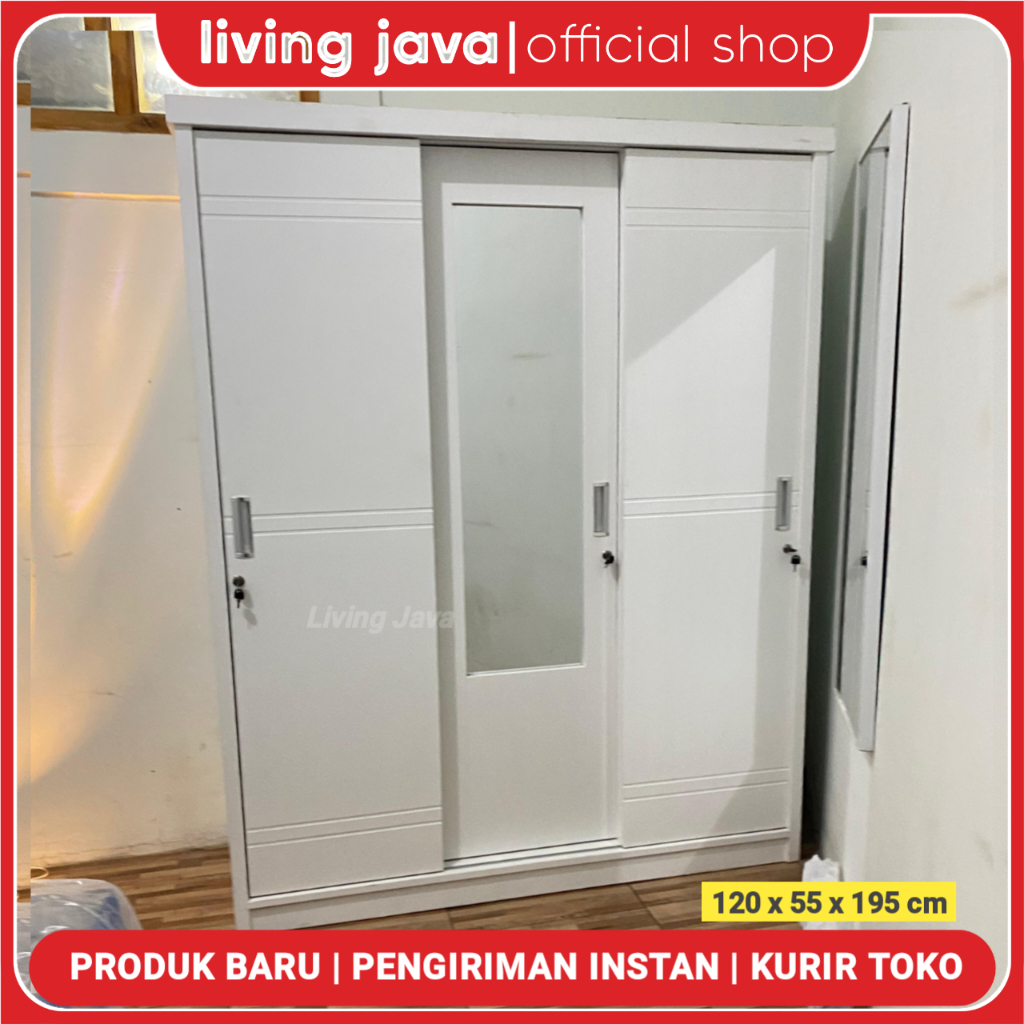 Lemari Pakaian Kayu Sliding 3 Pintu Kaca Garis Loter