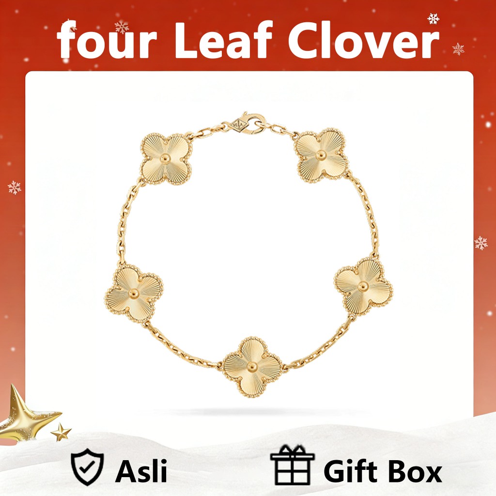 LOVE WHEEL Gelang Wanita four leaf clover 18k emas Vintage Alhambra 5-Motif Bracelet in Yellow Gold 