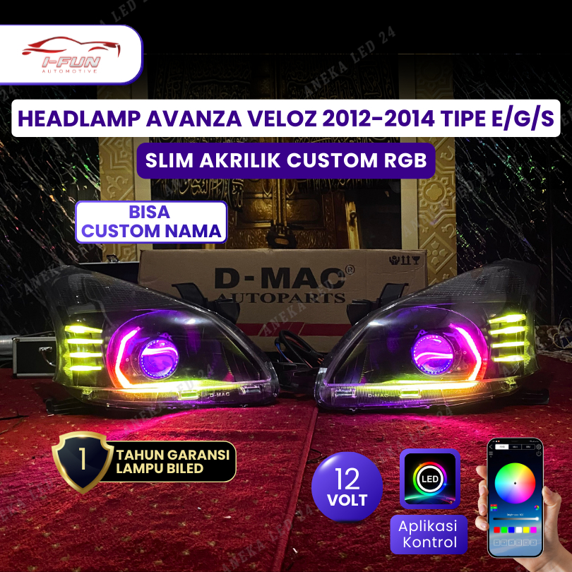 Headlamp Avanza Veloz 2012-2014 Tipe E/G/S Slim Akrilik Custom RGB Biled 3 Inch 12V Full RGB Sepasan