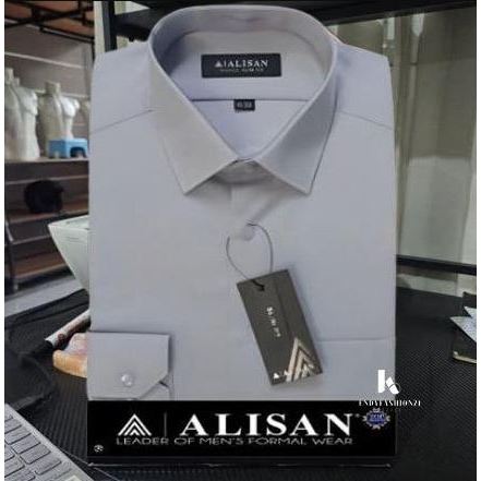 Alisan Kemeja Formal Polos Abu Muda Pria Lengan Panjang Slimfit Bahan Katun Nyaman