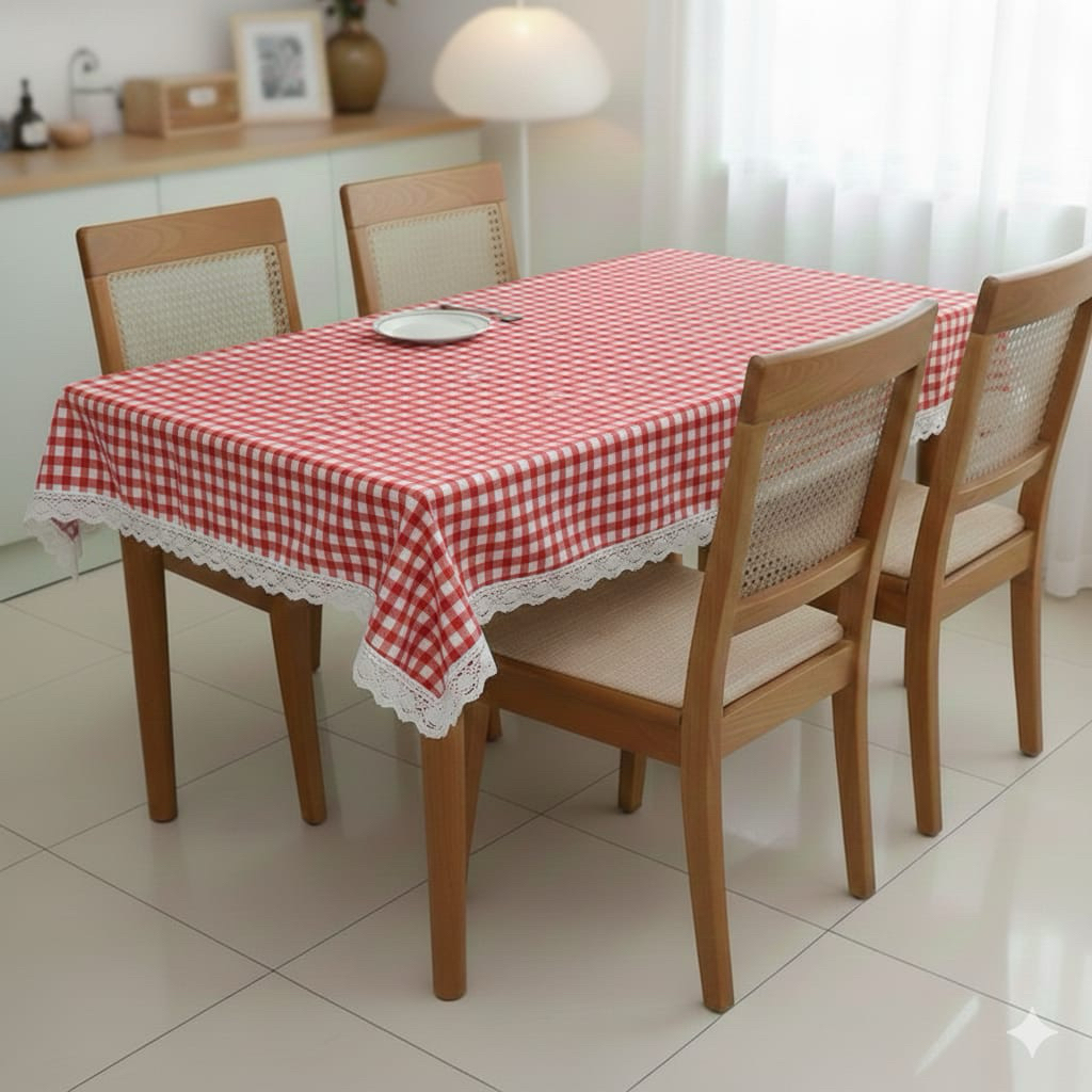 taplak meja tamu meja makan estetik motif kotak kotak kecil 1cm bahan katun dengan variasi renda put