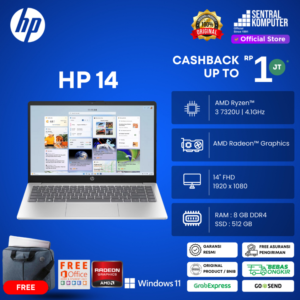 HP 14 AMD Ryzen 3 7320U 8GB 512GB 14" FHD IPS W11 OHS