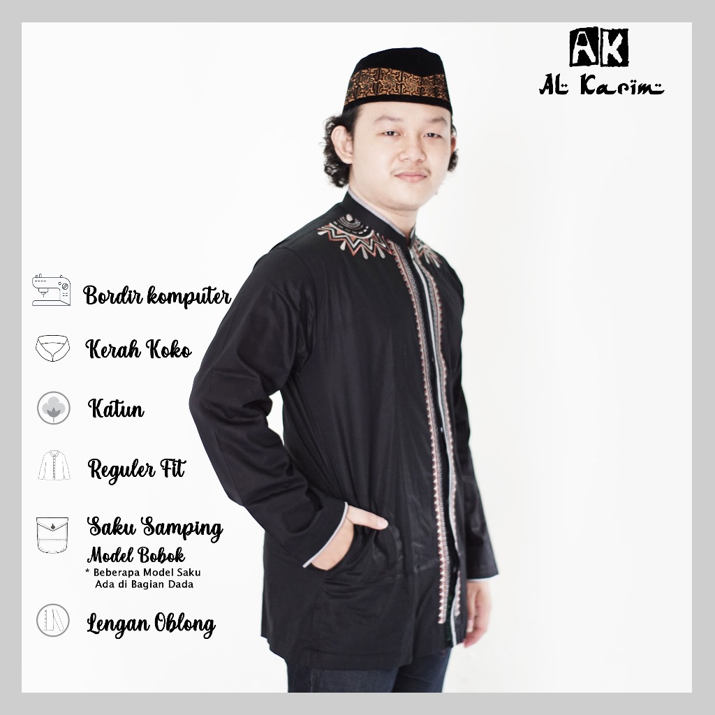 AL Karim Baju Koko Lengan Panjang Bordir Minimalis Bahan Katun
