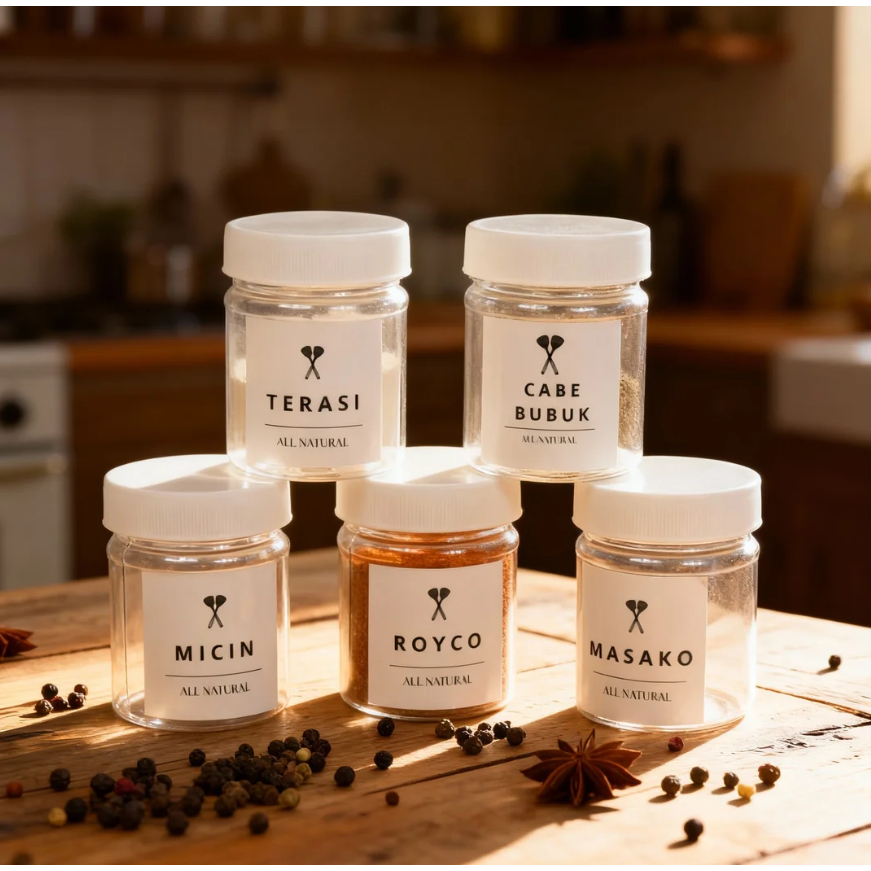 Toples Plastik Tempat Bumbu Dapur Toples Serbaguna Bulat Tutup Putih Food Grade Free Label Stiker Na