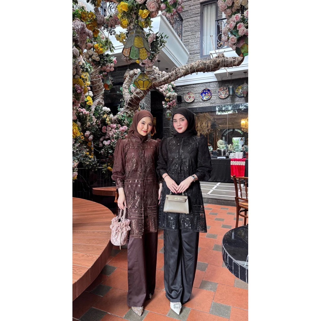 MAHEERA SET ATASAN DAN CELANA BAHAN SILK MIX BRUKAT BAJU SETELAN KONDANGAN WISUDA LAMARAN SERAGAMAN