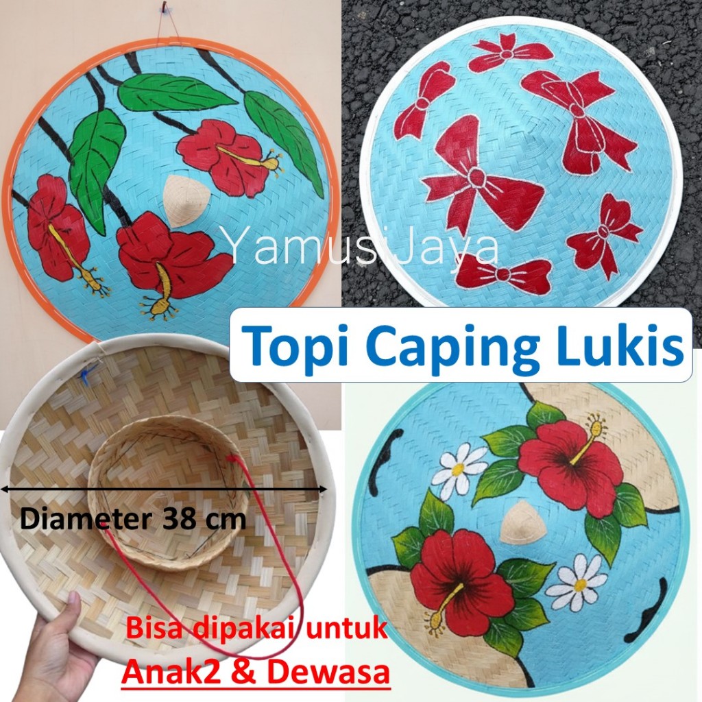 Topi Caping Petani - Caping Bambu Motif Unik - Caping Lukis Anak dan Dewasa FREE Tali Dagu