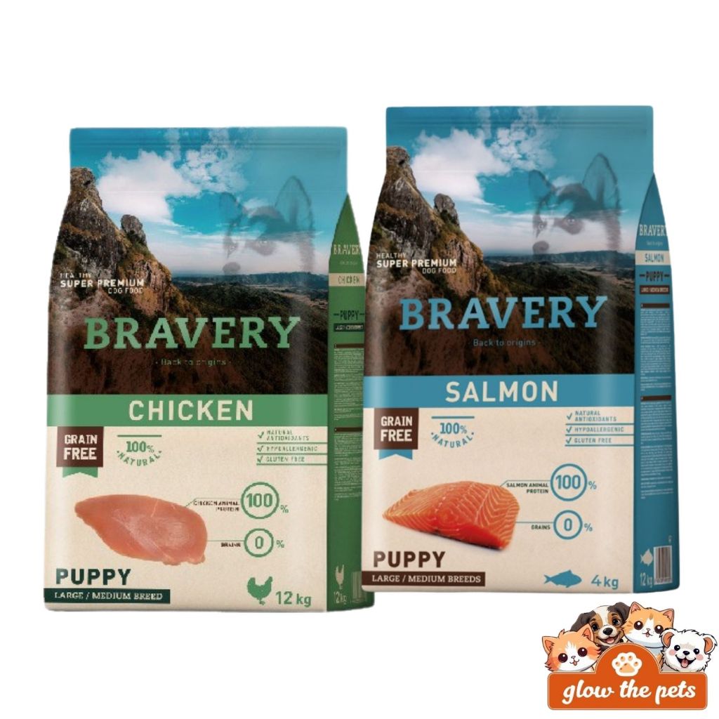 BRAVERY MEDIUM LARGE PUPPY 12KG Dog Food Makanan Anak Anjing Rasa Chicken Salmon Kering Dry Dogfood 